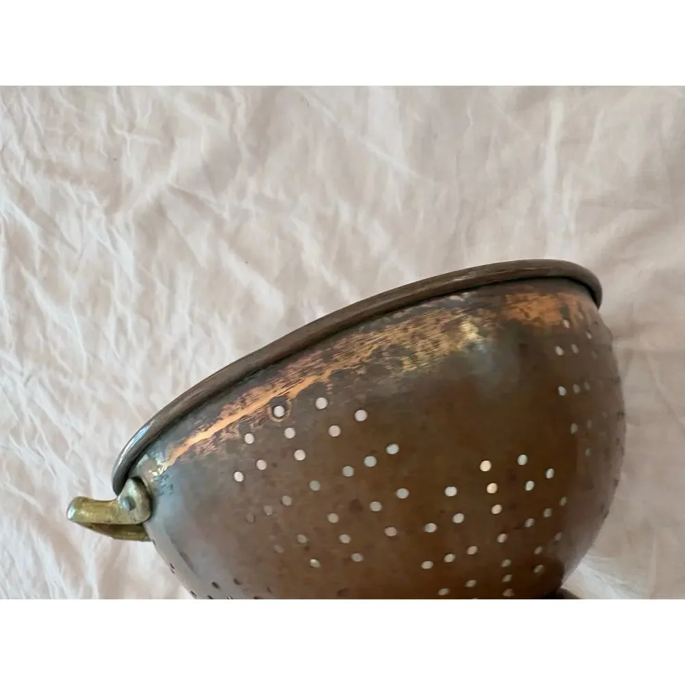 Antique Copper Colander Brass Footed Strainer Cottagecore Rustic Farmhouse